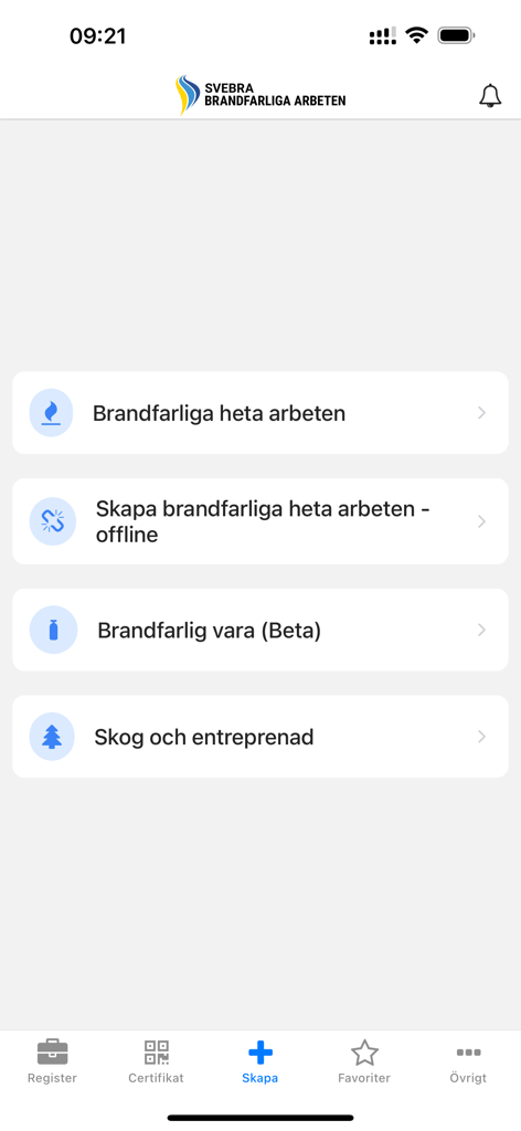 Brandfarliga arbeten - Dashboard of the hot work safety app showing options for digital permits and forestry risk assessments