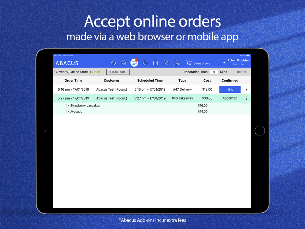 Abacus POS interface on an iPad showing incoming online orders for a restaurant