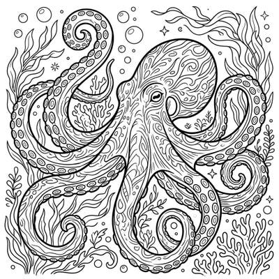 Explore the wonders of the deep sea with this stunning Giant Pacific Octopus coloring page, perfect for marine life enthusiasts. Its intricate patterns and flowing tentacles offer a captivating and relaxing artistic challenge.