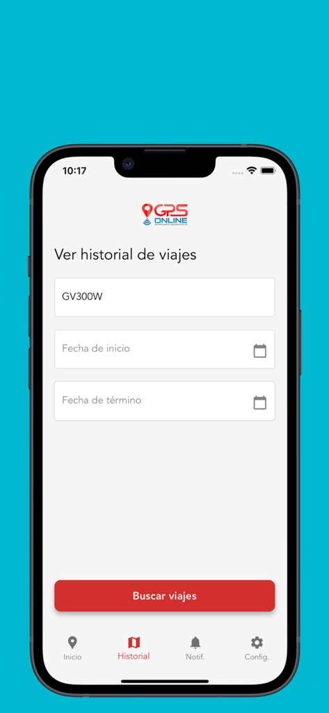 GPS Online - Benutzeroberfläche der GPS Online Mobil-App, die den Bildschirm zur Suche des Fahrtverlaufs mit Feldern zur Auswahl der Einheit und des Datums anzeigt