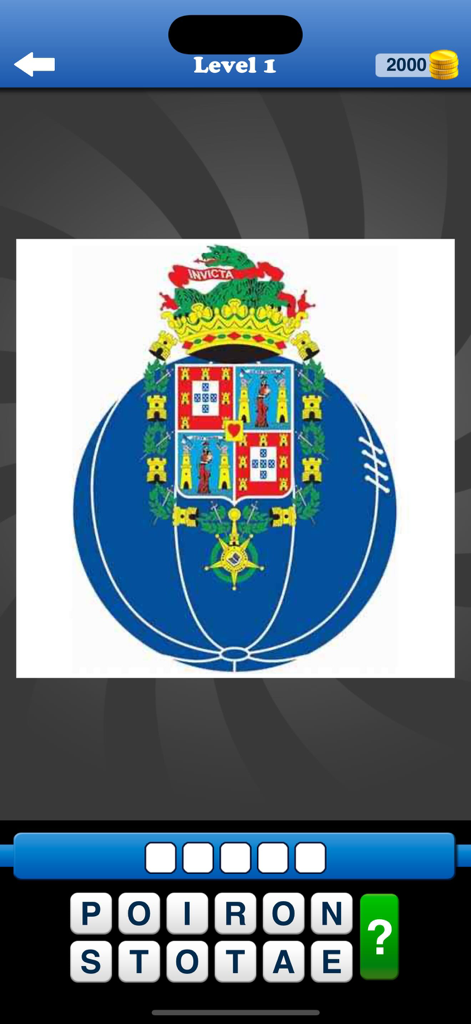 Whats the Badge? Football Quiz - Football quiz game level showing the FC Porto club badge and letter tiles to guess the team name
