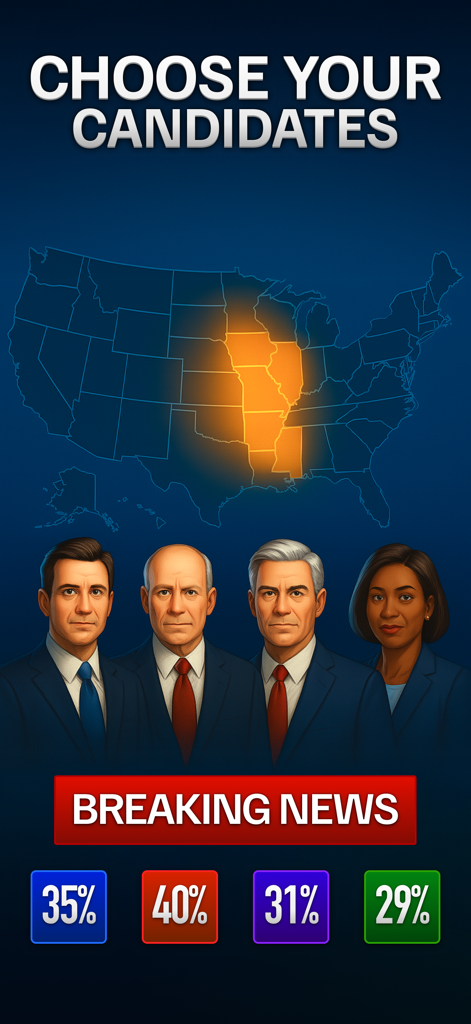 Candidate selection screen in the President Simulator game featuring four politicians and a US map