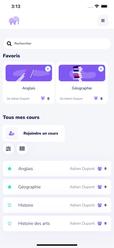 Wooflash - Interfaz de la aplicación móvil Wooflash que muestra cursos favoritos y listas de estudio para estudiantes.