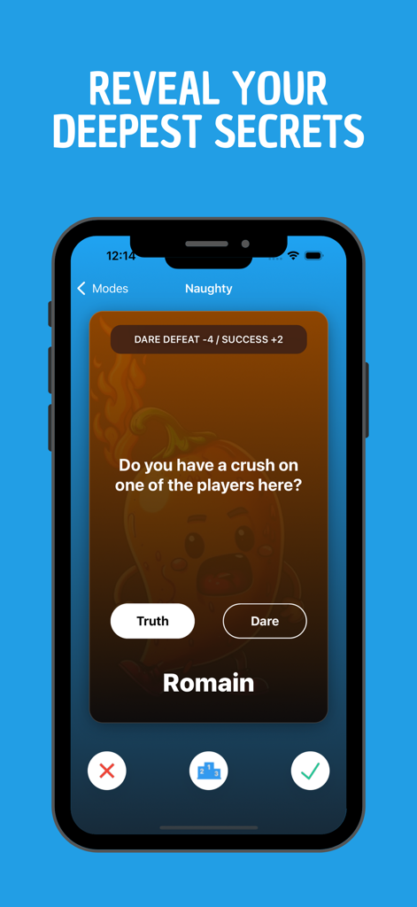 Truth or Dare - Freaky Game - Truth or Dare App-Oberfläche, die eine pikante Wahrheitsfrage im Naughty-Modus zeigt, um Geheimnisse zu enthüllen