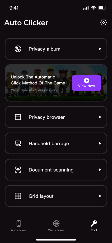 Panel de la aplicación Auto Clicker que muestra funciones de utilidad que incluyen álbum de privacidad, escáner de documentos y diseño de cuadrículas