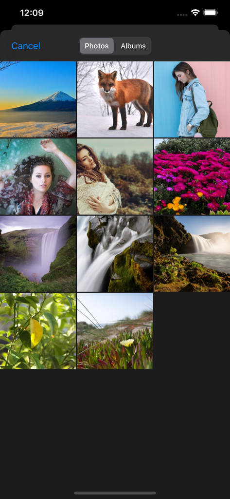 Luca - Photo Editor & Filters - A tela de seleção de fotos do aplicativo Luca mostrando uma grade de imagens para edição