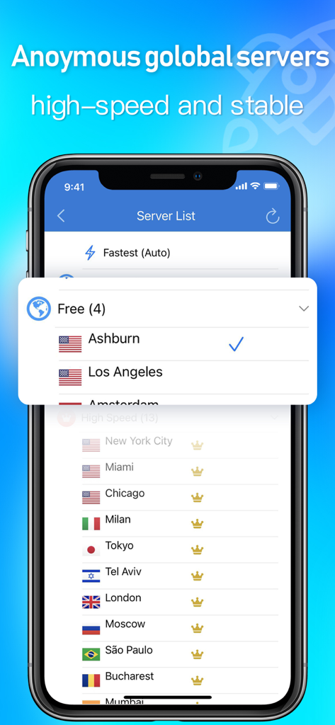 Ostrich VPN interface showing a list of anonymous global servers