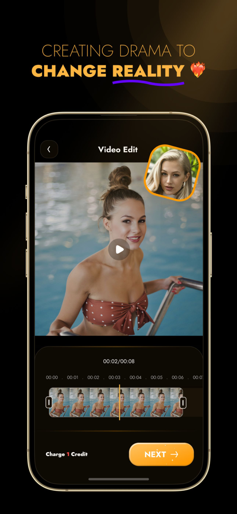 A mobile interface for the FaceHub app showing a video editing screen with an AI face swap feature in action.