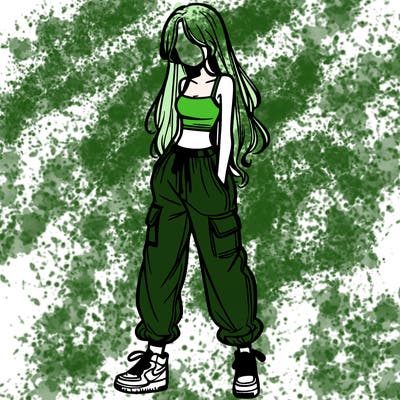 girl in baggy pants crop top and long hair