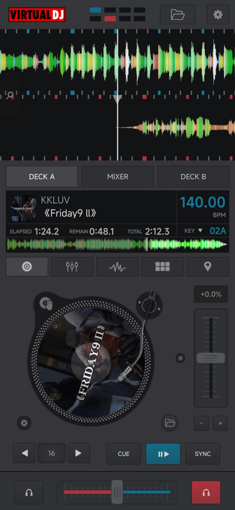 VirtualDJ Remote - VirtualDJ Remote mobile interface showing waveforms and a virtual turntable deck