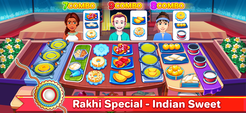 Indian Cooking Madness Games - Gameplay de Indian Cooking Madness mostrando el nivel de dulce indio especial Rakhi con clientes y varios postres
