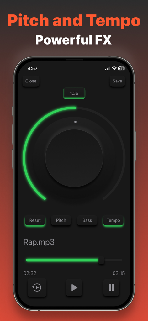 Bass Booster Volume Booster - Interfaz de la aplicación Bass Booster que muestra ajustes de tono y tempo para una pista de música