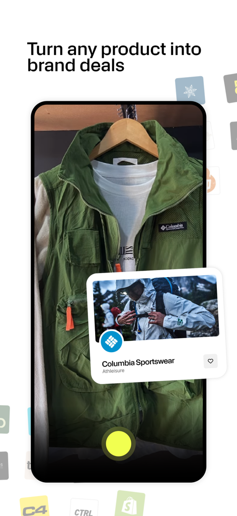 Pitch’em – Land Brand Deals - Pitchem app interface showing a user scanning a Columbia Sportswear vest to find brand deal contacts