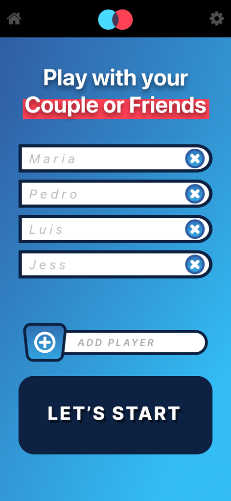 Add player names screen in Truth or Dare party game app