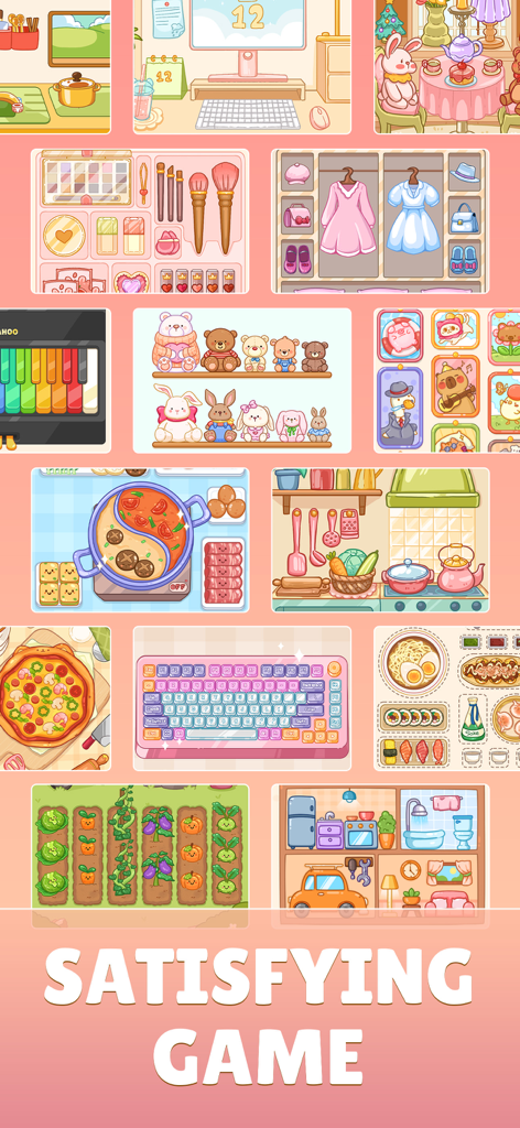 Satiszone: Perfect ASMR Tidy - A collection of colorful organization puzzle levels from Satiszone including makeup kits, toy shelves, and kitchen items.