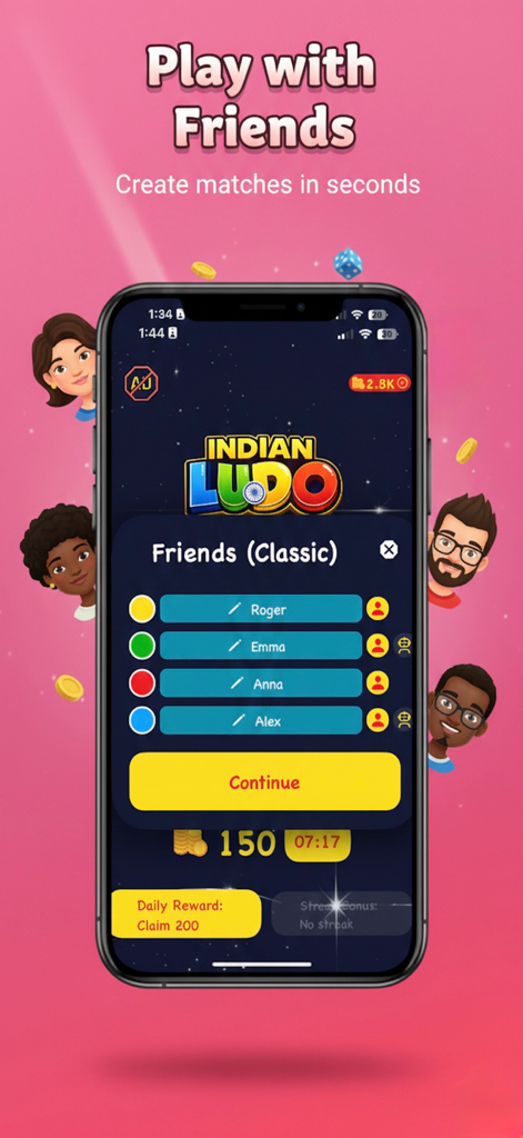 Indian Ludo, Ashta Chamma Game - Mobile app screen for Indian Ludo showing the friends mode match setup with player selection