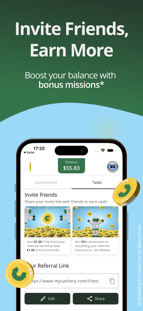 myCashery: Earn Money - Captura de pantalla de la pantalla de referencia de la aplicación myCashery que muestra las recompensas de invitar amigos y las comisiones