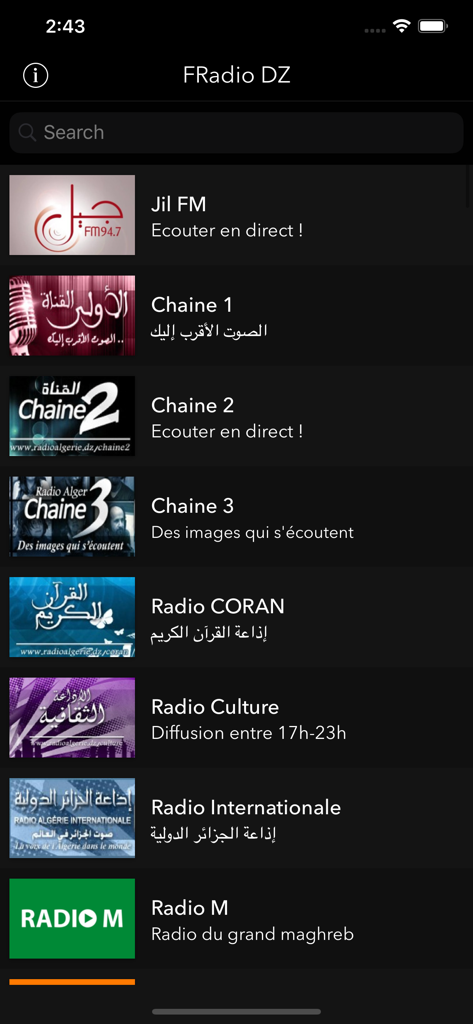 FRadio DZ - Algerian Radio - FRadio DZ app screen displaying a list of Algerian radio stations like Jil FM and Radio CORAN.