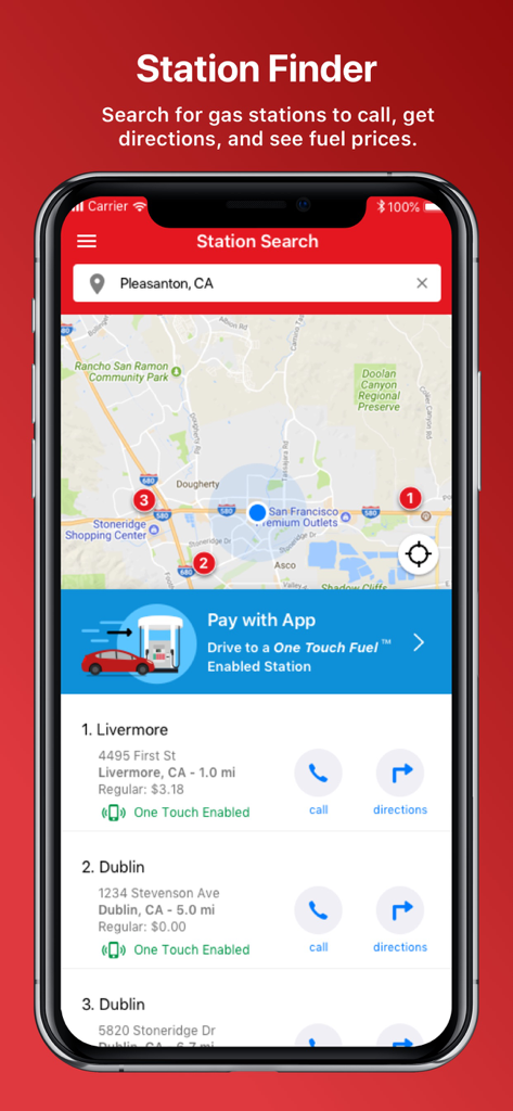 Safeway One Touch Fuel‪™‬ - Safeway One Touch Fuel app station finder screen showing a map and list of local gas stations with prices and directions