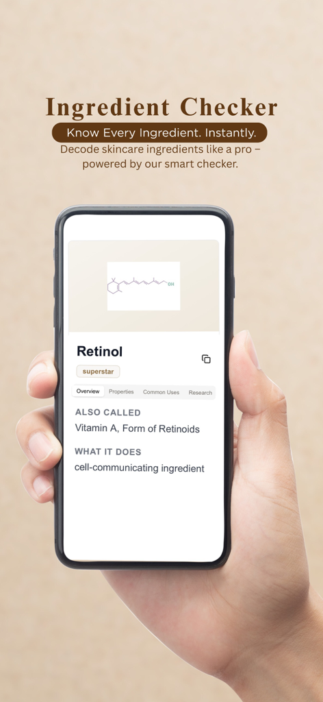 Nuuha app screen showing the ingredient checker feature analyzing Retinol