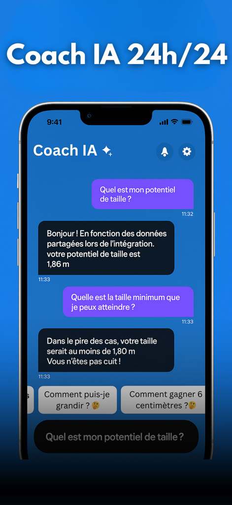 KI-Coach-Chat-Oberfläche, die das Höhenpotenzial vorhersagt und Wachstumsratschläge in der Grandir-App anbietet