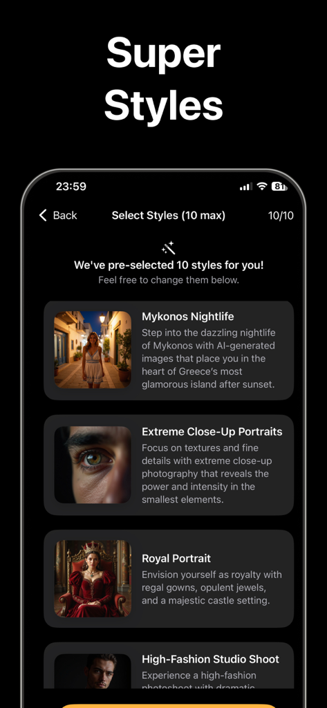 AI Professional Headshot・Visia - Interfaz mostrando múltiples estilos de retratos de IA en la aplicación Visia, incluyendo Retrato Real y Vida Nocturna de Mykonos