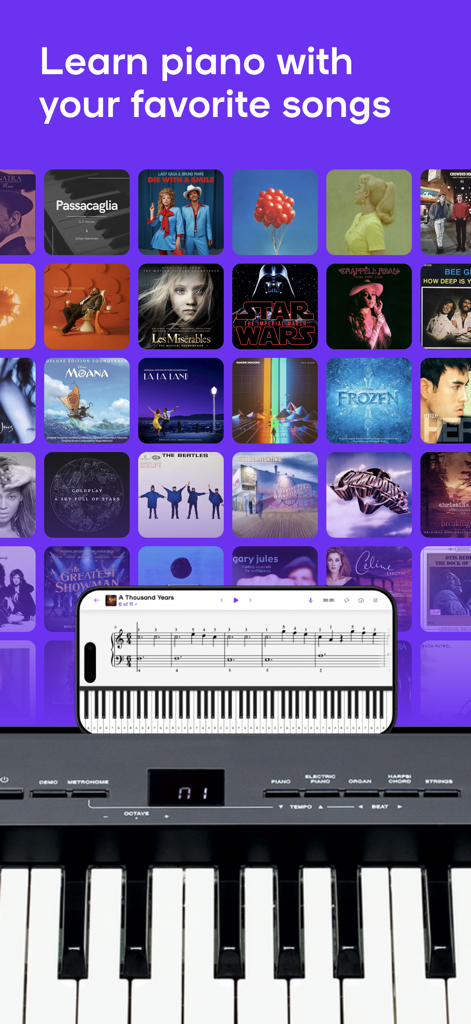Playground: Real Piano Lessons - Smartphone displaying interactive piano sheet music over a digital keyboard with a grid of popular song album covers in the background