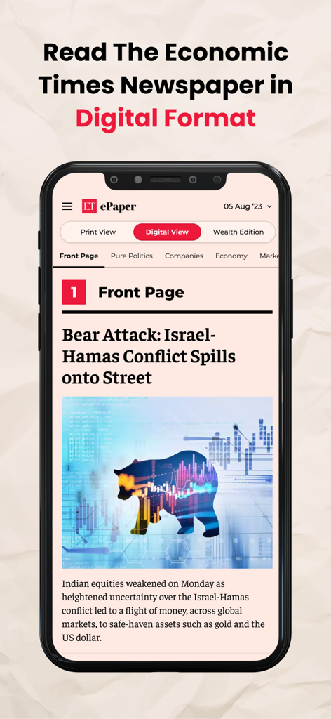 Economic Times Newspaper App - Economic Times app displaying a digital newspaper page with financial news and stock market graphics