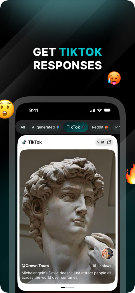 Navo - Magic Search - Navo Magic Search app showing TikTok video results about Michelangelo David.