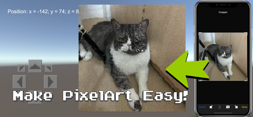 Dimostrazione della conversione di una foto di un gatto in pixel art per Minecraft utilizzando l'app PixelArt Builder