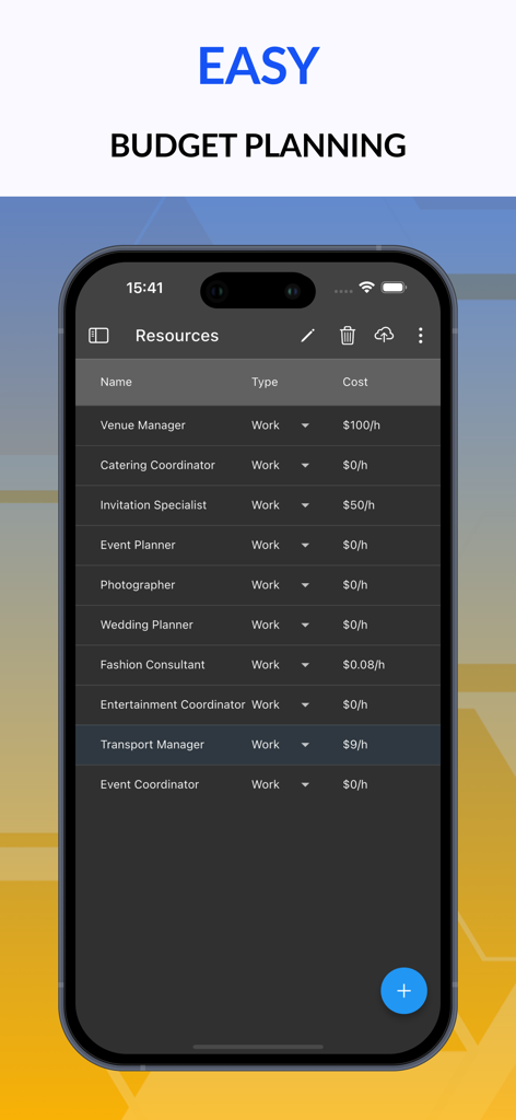 Gantt chart AI planner Ingantt - Écran de l'application mobile Ingantt montrant une liste de ressources de projet avec des tarifs horaires pour la planification budgétaire.