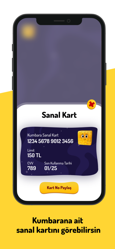 Vibox - Pantalla de teléfono móvil que muestra una tarjeta de débito virtual amigable para niños dentro de la aplicación bancaria Vibox