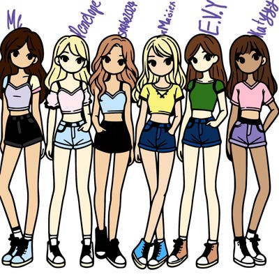 a group of girls wearing crop tops and shorts