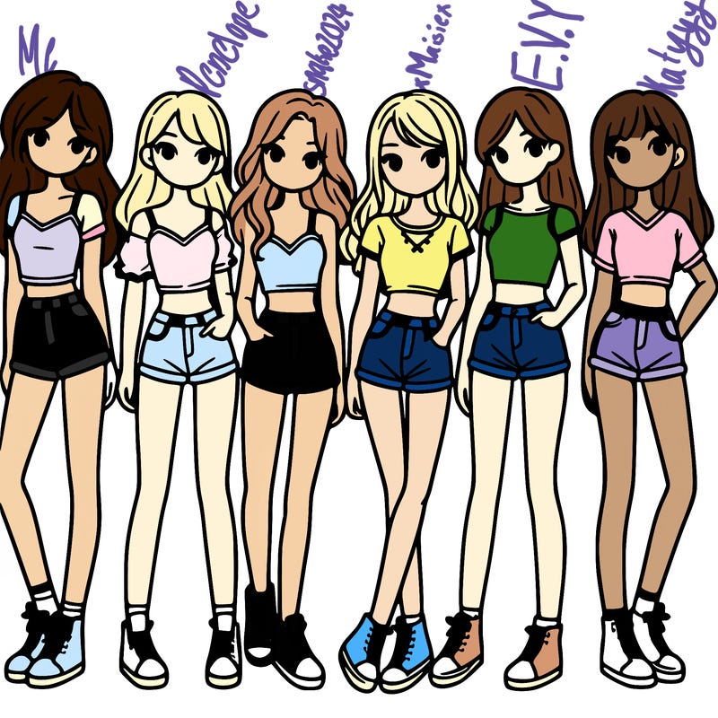 a group of girls wearing crop tops and shorts