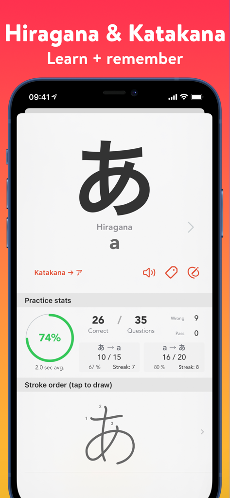 Kana - Hiragana and Katakana - Japanese hiragana character practice screen with stroke order and learning statistics