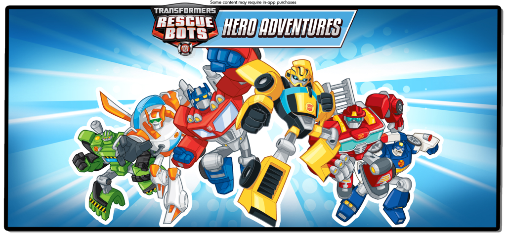 Transformers Rescue Bots Hero - Grupo de personagens de Transformers Rescue Bots, incluindo Optimus Prime e Bumblebee, em um banner promocional para Hero Adventures