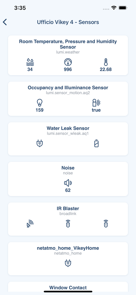 Vikey Host - Dashboard der Vikey Host App mit Echtzeitdaten von Immobil Sensoren, einschließlich Temperatur, Lärmpegel und Belegung