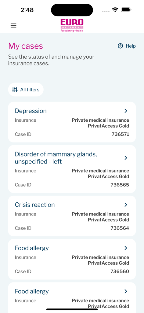 Euro Accident 2.0 - The My cases screen of the Euro Accident app showing a list of active insurance claims including case IDs and coverage details.