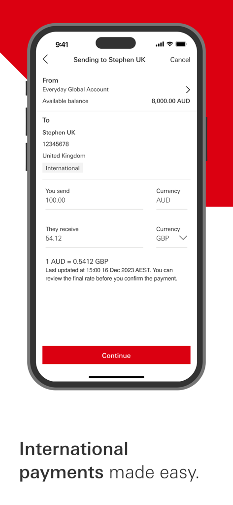 HSBC Australia - Interface de l'application HSBC Australie montrant un virement international de AUD vers GBP avec les détails du taux de change.