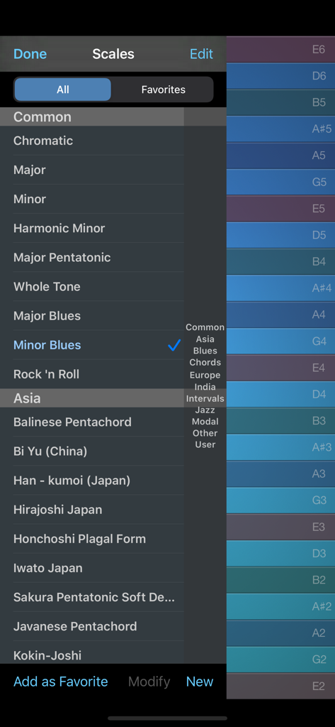 ThumbJam - Interfaz de la aplicación ThumbJam que muestra el menú de selección de escalas musicales con varias opciones de escala y barras de notas.