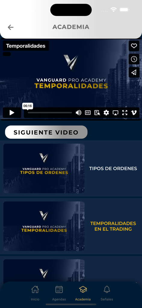 Vanguard app academy interface displaying trading video lessons