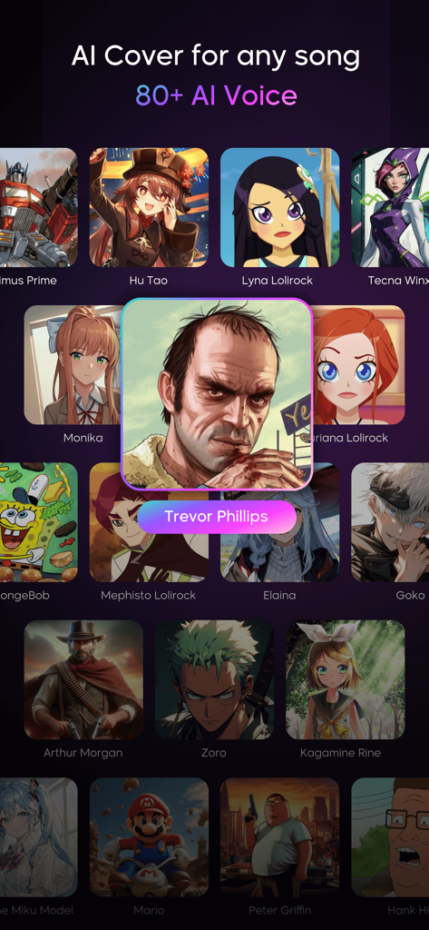 AI Cover Songs : Music AI - 曲のカバーを作成するための、アニメやポップカルチャーの80以上のAIキャラクターボイスのセレクション