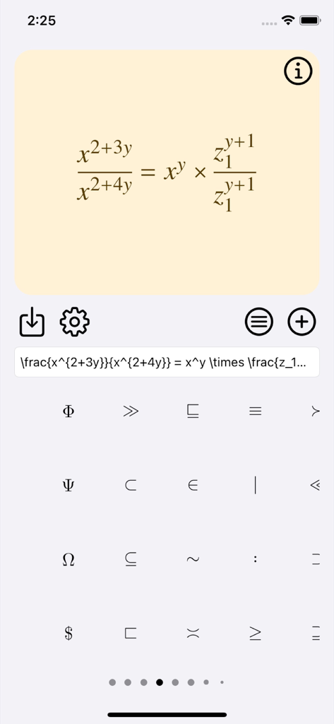 Interface of the Latex Equation Editor app showing a rendered math formula and LaTeX code