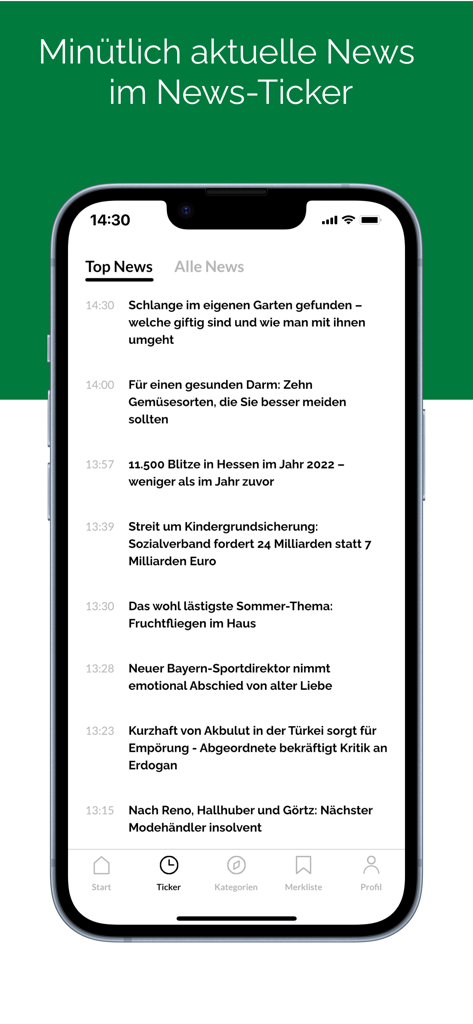 iPhone screen showing a list of current news headlines in the Hanauer Anzeiger News app ticker