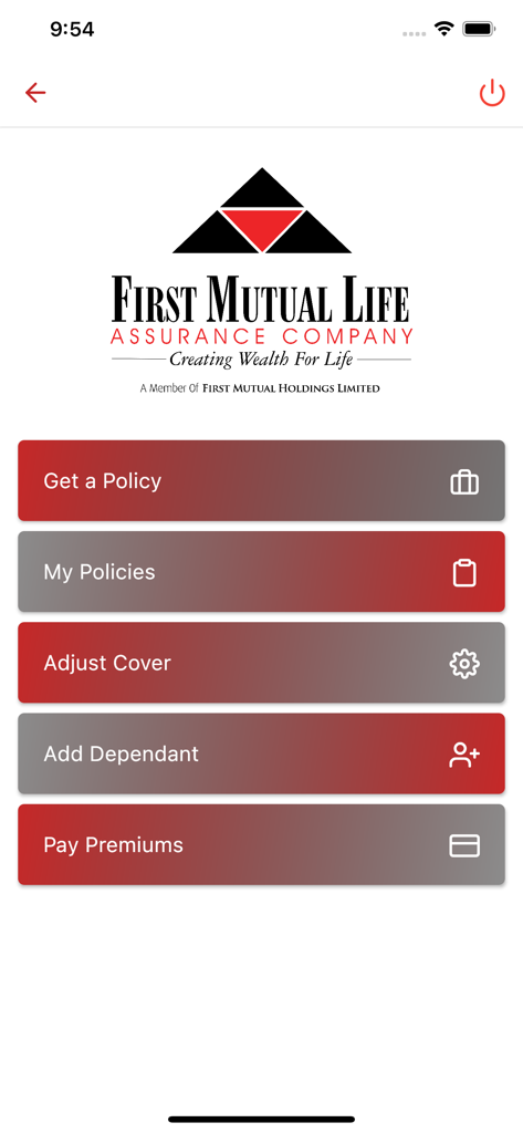 Pantalla de inicio de la aplicación First Mutual Life Assurance Company mostrando opciones para gestionar pólizas, ajustar coberturas y pagar primas.