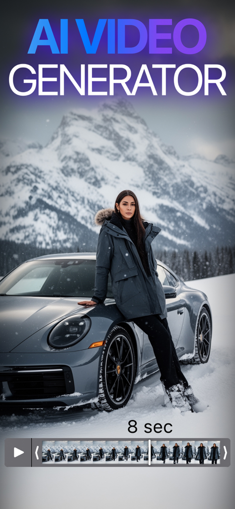 AI Video Generator - Nexory - Nexory AI Video Generator app interface showing an 8-second video preview of a woman leaning on a car in a snowy mountain landscape.