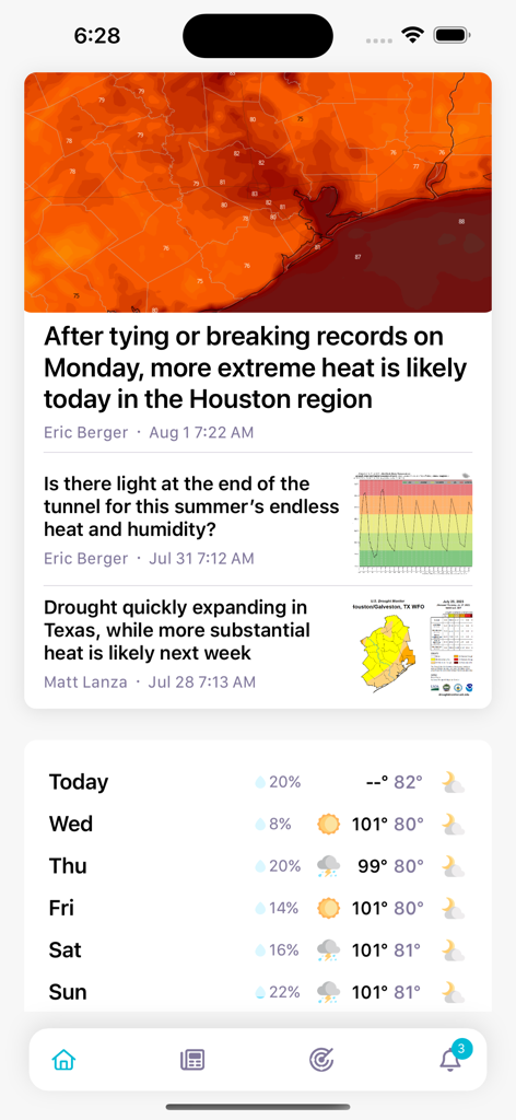 Schermata dell'app Space City Weather che mostra i post del blog meteo di Houston e le previsioni di temperatura massima per sette giorni