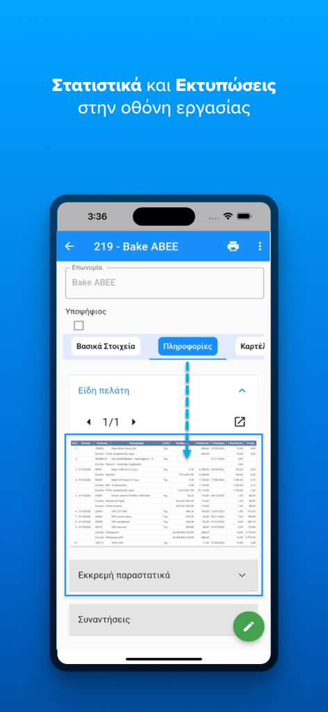 Soft1 360 - Soft1 360 mobile ERP app interface showing business statistics and data tables
