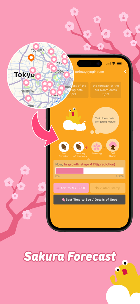 Sakura Navi - Forecast in 2026 - Schermata dell'app Sakura Navi che mostra i dettagli delle previsioni dei fiori di ciliegio e una mappa di Tokyo