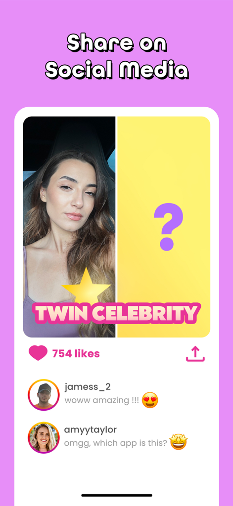 Una maqueta de una publicación en redes sociales que muestra un resultado de parecido de celebridad con me gusta y comentarios de usuarios de la app Star by Face.